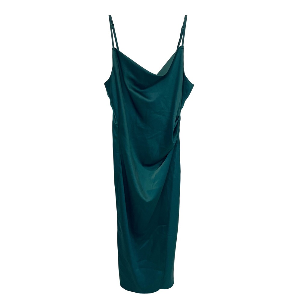 Lulus Hollywood Woman Forest Green Satin Cowl Neck Midi Dress Chic Size Medium